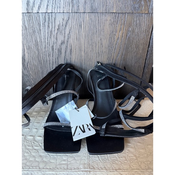 Zara Black Rhinestone Square Toe High Heel Lace Up Gladiator Sandals US 8 NWT - Picture 4 of 14